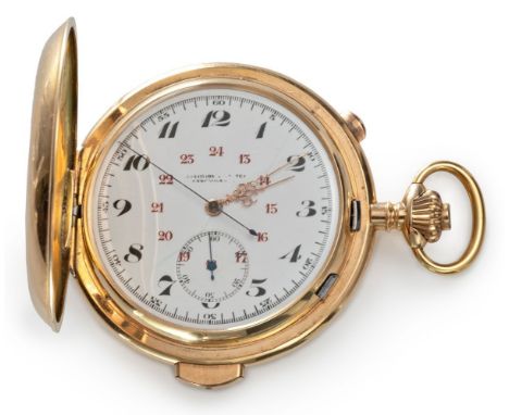 Goldsavonette mit Chronograph und Minutenrepetition  585/f. Gold. Glatter Dreischalentypus. Weißes Zifferblatt mit schwarzen 