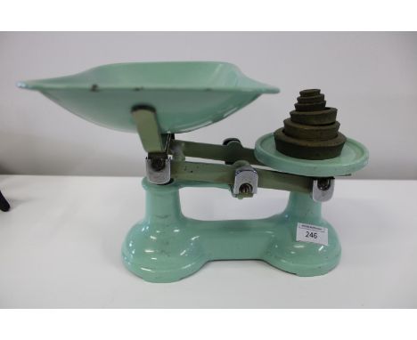 A set of vintage enamelled scales &amp; weights 