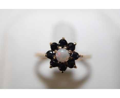 A 9ct gold sapphire &amp; opal cluster ring size N 1/4 