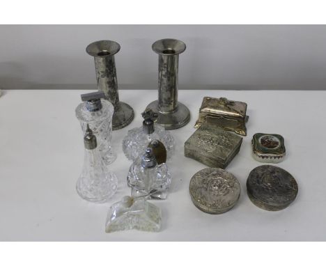 A selection of glass perfume bottles &amp; trinket boxes 