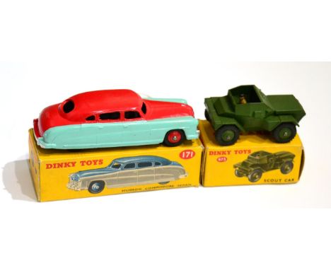 Dinky 171 Hudson Commadore Sedan red/turquoise highline (E-G box G) 673 Scout car (E box G-E) (2)