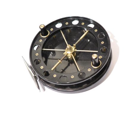 A Boxed Allcocks 4 1/2inch Alloy 'Match Aerial' Reel, with twin tapered black handles, six spoked drum, plastic check button,