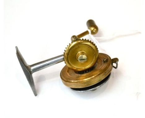 A 'Spinet' Fixed Spool Casting Reel by A Allan, Glasgow, Pat No.262706, of brass and alloy construction, with acorn style han