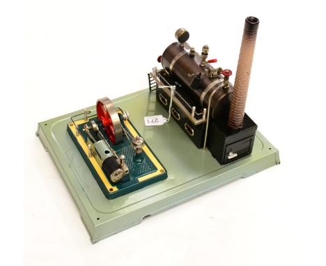 Fleischmann 125/4 Live Steam Stationary Engine with single fixed cylinder motor on tin base 13x10'', 33x26cm (E box G)