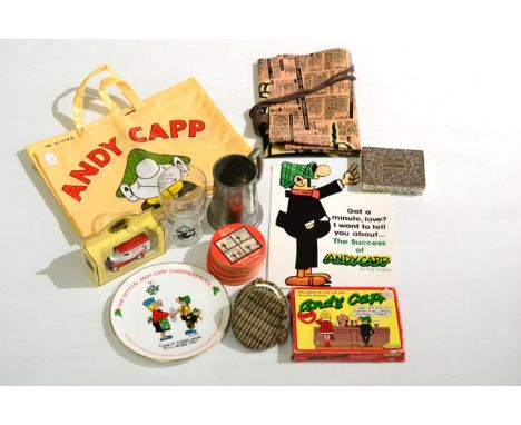 Andy Capp Memorabilia, to include: a PVC kitchen apron, shopper bag and tea towels featuring cartoon characters, a silver pla