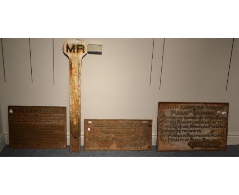 Cast Iron Signs NER Trespass R F Dunnell (name plate over original), MR Trespass 1898 and MR Trespasses Will Be Prosecuted By