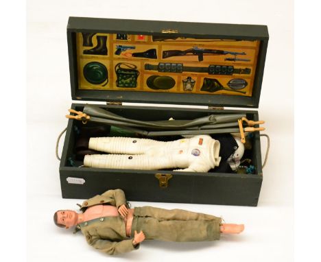 Hasbro (Palitoy) Action Man Figure with moulded hair in wooden kit box, together with a GI Joe Space suit and assorted other 