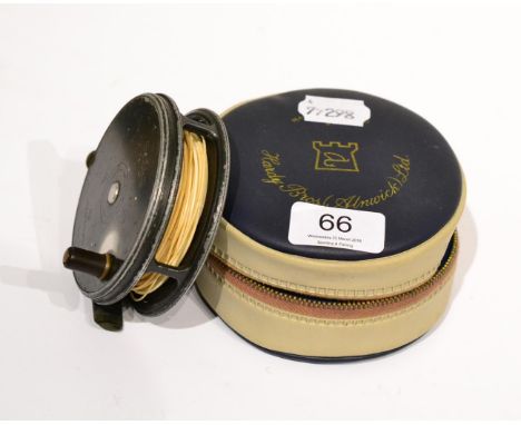 A Hardy 3 5/8inch Alloy 'Perfect' Fly Reel, with black handle, notched brass foot, grey enamel finish, with line in zip case