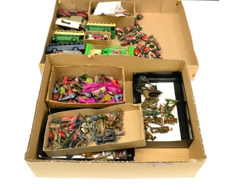 Various Diecast And Lead Soldiers including Tootsietoy limousine, three Dinky buses, Britains Motorcycle with machine gun on 