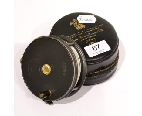 A Hardy 3 7/8inch Alloy 'Perfect' Fly Reel, with black handle, notched brass foot, agate lineguard, grey enamel finish, with 