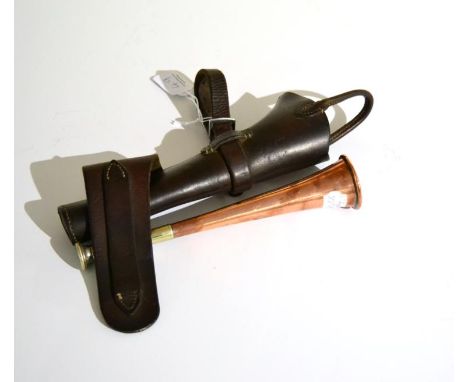A 1930's Brass Swaine & Adeney (Kohler & Son) Hunting Horn, with nickel mouthpiece, in a stitched leather case 
