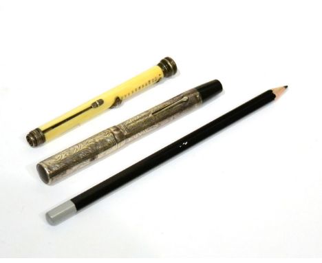 S Mordan & Co Ivory Propelling Fountain Pen/Pencil with thermometer and compass (G) together with a Silver Cased Fountain Pen