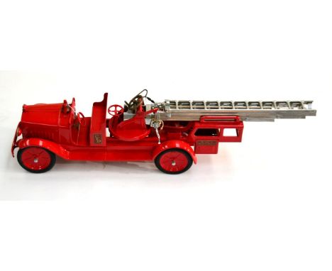 Buddy L Aerial Fire Truck pressed steel, with open cab, bonnet bell, 4-piece extending ladder, CFD logo to side and original 