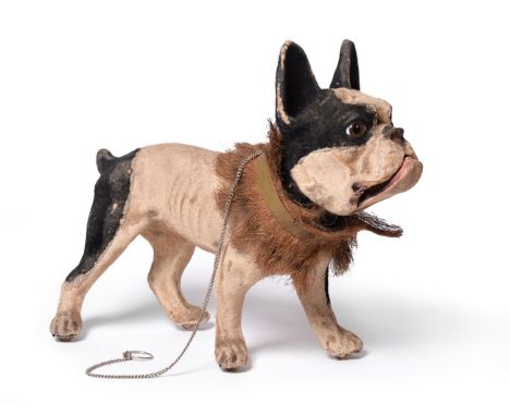 Papier Mache French Bulldog Growler Toy with nodding head, chain pull growler mechanism, articulated jaw and wooden casters t