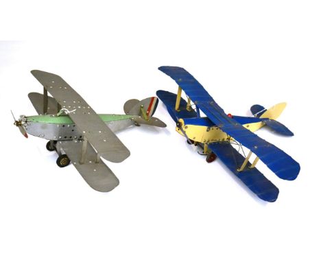 Meccano Two No.1 Constructor Biplanes both made of light-weight pieces, with pilots (both F-G, some repainting) (2)
