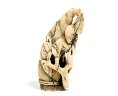 NETSUKE.Japan, 19. Jh. H 6 cm.Elfenbein, geschnitzt als Gemüsesprosse mit einer Ratte, Blätter und Astwerk. Bezeichnet Okatom