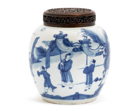 BLAU WEISSER-INGWERTOPF.China, Kangxi-Periode, H 21 cm.Umlaufend dekoriert mit Figuren in einer Gartenlandschaft. Unterglasur