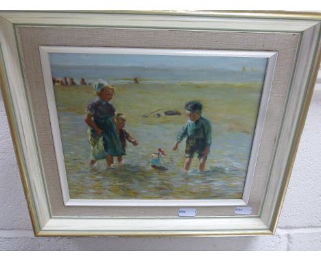 A modern oil on board of a children playing with a boat 