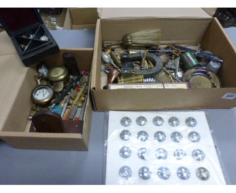 Box of mixed items to include; Military pocket watches, coins, buttons, lighter, Miners brass watch cases