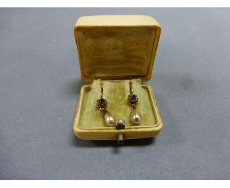 A pair of pearl and sapphire earrings
