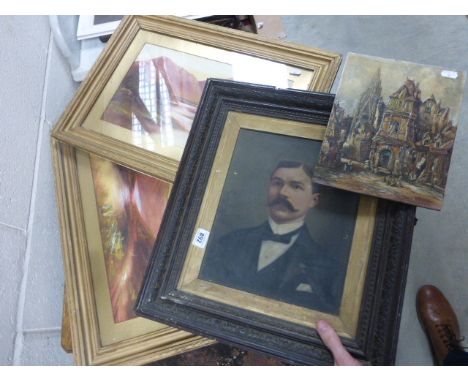 Pair of framed Scottish oil paintings, a European oil on board, and a framed portrait