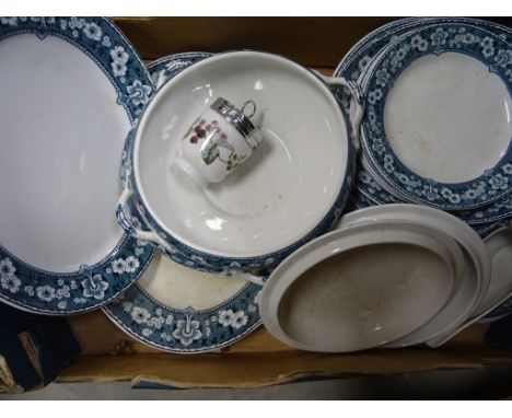 Box of blue & white dinner service items