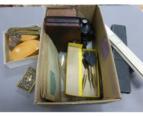 Box of mixed items to include; bicycle lamp, slide rule, playing cards, letter clips