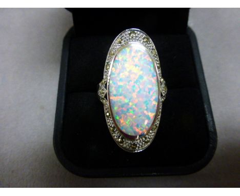 Silver, marcasite and large opal ring in the Art Deco style