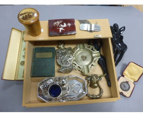 Box of mixed collectables including a bulls head door knocker