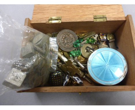 Cigar box of mixed items including; weights, silver & enamel circular box, badges, watch keys etc