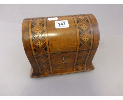 A Victorian walnut dome top tea caddy with marquetry decoration, two section compartment with circular  mother of pearl handl