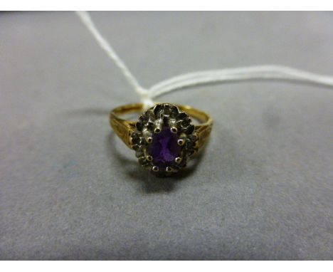 9ct gold, diamond and amethyst cluster ring, size L