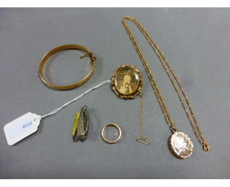 An Irish silver brooch of harp, along with a pendant, bangle and two other items 