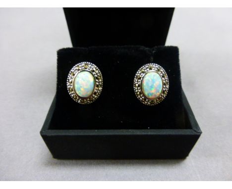 Pair of silver, marcasite and central opal Art Deco style earrings