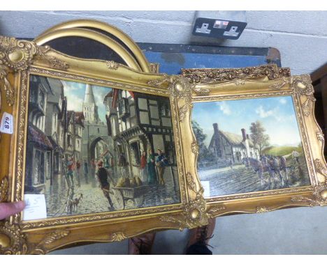 A oil on canvas of a street scene by R T Mitchell, along with another by the same artist and two other pictures of girls