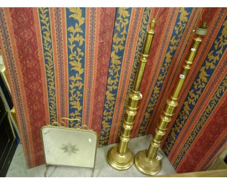 Pair of Gilt Metal Standard Lamps and Brass Mirrored Fire Screen