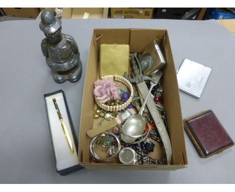 Box of mixed costume jewellery etc, including; money box, silver bangle, letter opener