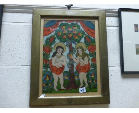 A gilt framed oil on glass, a portrait of Adam and Eve in the Garden of Eden