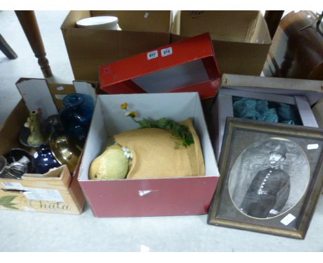 Mixed Lot includng Blue Glass Bell Cloche, Studio Pottery Bowl, plus photograph of a policemen, along with ceramic candlestic