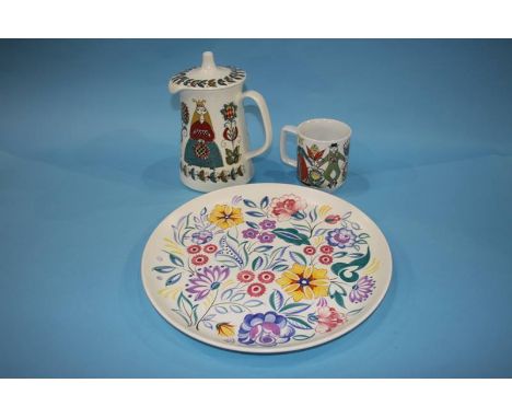 A Norwegian 'Saga' teapot and mug and a Poole pottery plate (3)