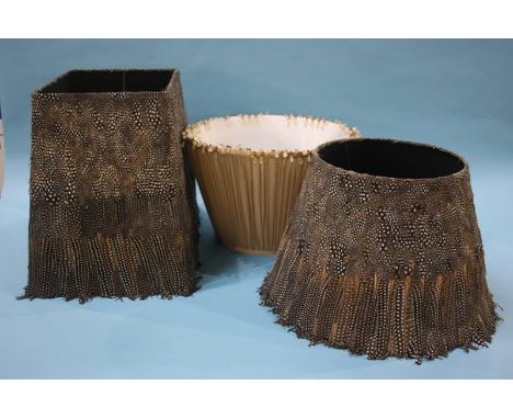 Two feather lamp shades and a beadwork shade (3)