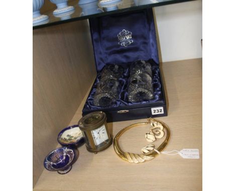 Four Stuart tumblers, carriage clock etc.