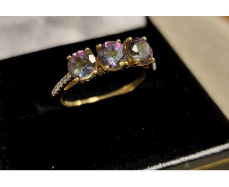 9ct Gold, Diamond &amp; Mystic Topaz Trilogy Ring, 2.4g and size N+0.5