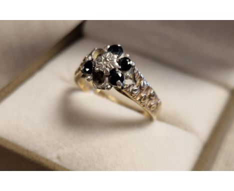 9ct Gold Sapphire &amp; Diamond Cluster Ring Size K+0.5 Weight 3.2g AF