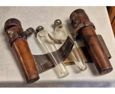 Silver Hunting Flasks w/Leather Cases - one with a silver hallmarked lid+ collar - Birmingham 1901