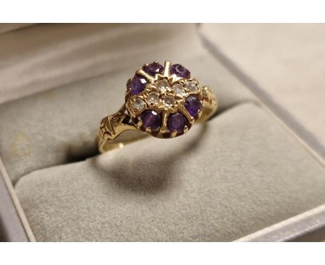 Gold, Diamond and Amethyst (unmarked) Engagement Ring Size M Weight 1.78g