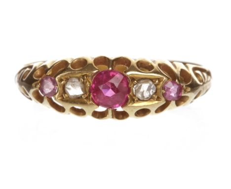 VICTORIAN CREATED RUBY AND DIAMOND RINGthe boat shaped bezel set with three graduated created rubies interspaced by two rose 