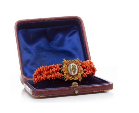 EARLY NINETEENTH CENTURY CORAL AND MICROMOSAIC BRACELETformed by four strands of stick coral sections, with space and links f