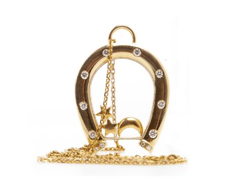 DIAMOND SET HORSESHOE MOTIF PENDANTthe horseshoe motif with countersunk round brilliant cut diamonds and with a central cryst