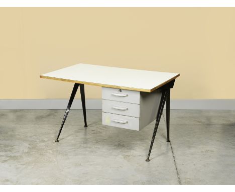 JEAN PROUVE (1901-1984)Bureau mod. 'Secrétaire', piètement 'Compas' à trois tiroirsCréation en 1953Edition Steph SimonAcier p